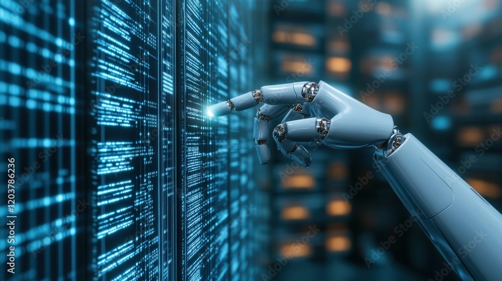 Poster Futuristic robotic hand interacting with digital data, symbolizing advanced technology and artificial intelligence in a high-tech environment with glowing code elements.