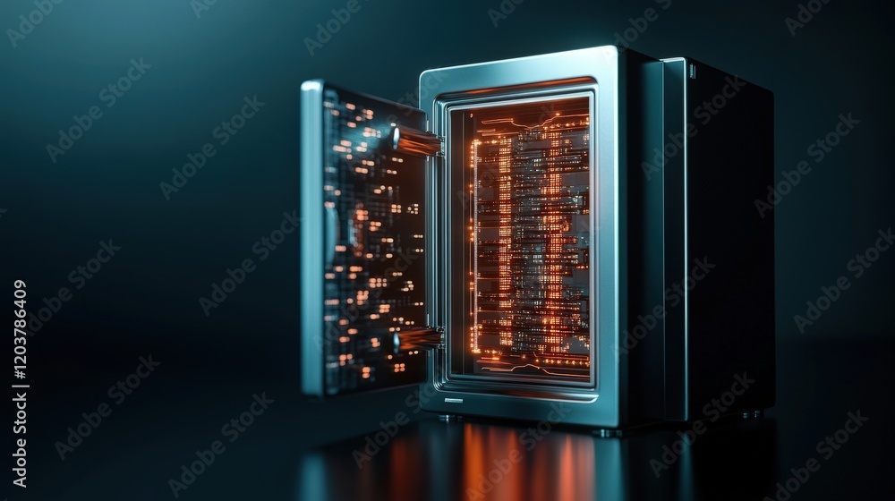 Aufkleber futuristic data vault with illuminated circuit board inside, symbolizing cybersecurity and digital p