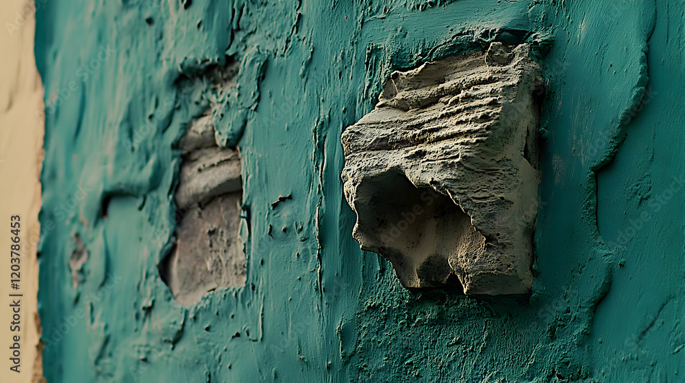 Poster weathered stone detail embedded in a teal textured wall, showcasing the contrast between age and col