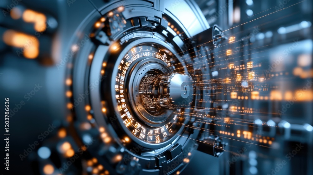 Leinwandbilder Futuristic Technology Concept Illustration Featuring Abstract Circular Mechanisms with Dynamic Light Trails and Data Patterns in a High-Tech Digital Environment