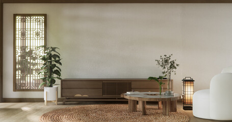 Nihon room design interior with door paper and cabinet shelf wall. 3D rendering