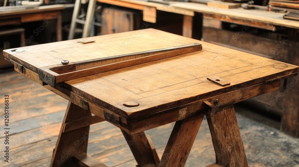 Poster a drafting table with a t-square and triangle used for precise drawings.
