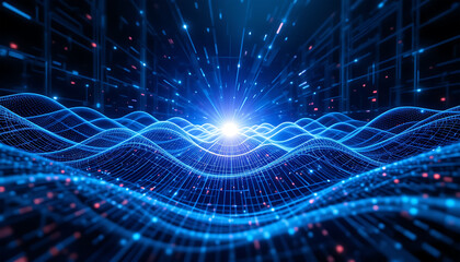 Blue Digital Waves Glowing Network Data Bright Rays Abstract Background