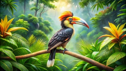 Obraz premium Luzon Hornbill Watercolor Painting, Philippine Bird on Branch, Artistic Wildlife Stock Photo