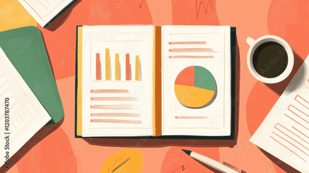 Poster a flat-lay featuring trendline graphs, pie charts, and a notebook with handwritten notes.