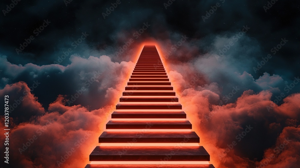 Poster a glowing staircase ascends through dark clouds, illuminated with an ethereal red light, creating a 