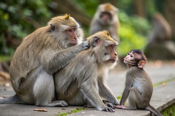 Fototapeta premium Macaque Family Affection: Candid Moments of Primate Bonding