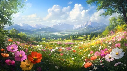 Vibrant Flower Meadow Before Majestic Mountain Range