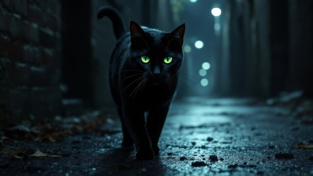 Black Cat with Glowing Green Eyes Walking in a Dark Alley at Night