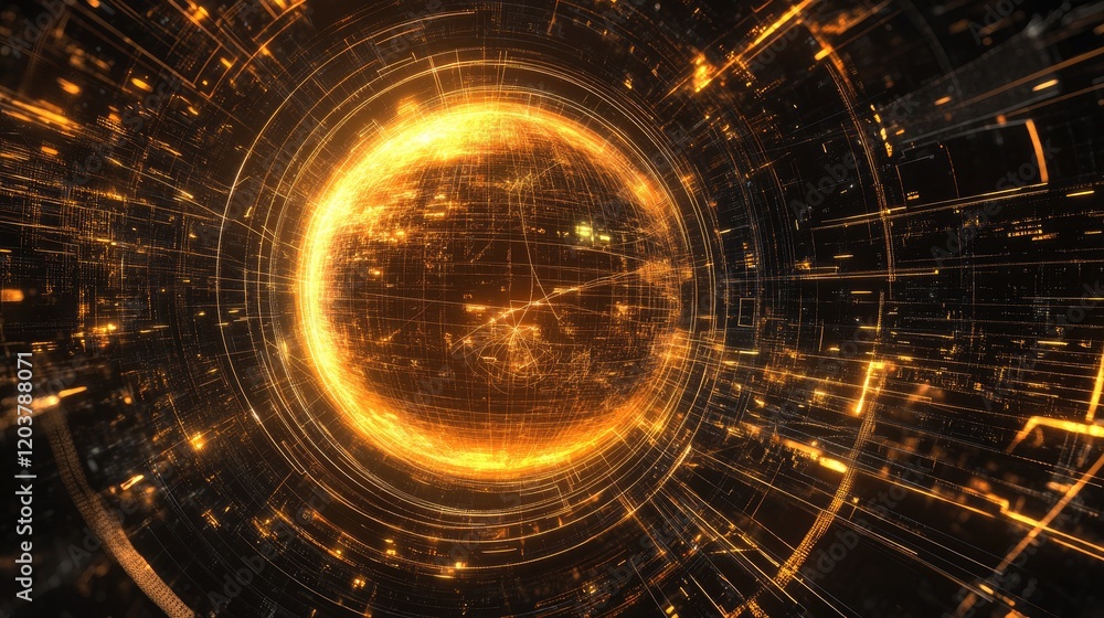 Poster a glowing sphere representing augmented datasets, surrounded by lines and patterns.