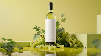 Fototapeta premium Elegant white wine bottle surrounded by fresh green grapes on a vibrant yellow backdrop