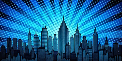Macro City Silhouette on Vibrant Blue Comic Book Background - Stock Photo