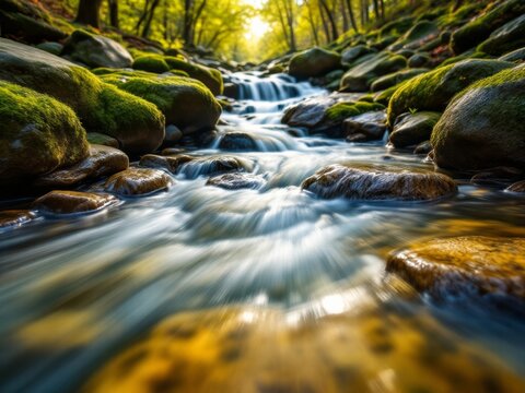 Low angle shot of a fast flowing river with mossy rocks and trees under bright sunlight