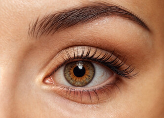 Fototapeta premium A series of captivating close-up shots of human eyes, showcasing hazel and brown irises with intricate textures, natural eyelashes, and stunning detail in light reflection.