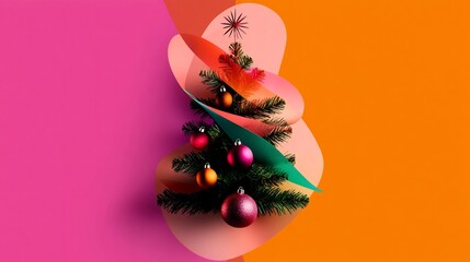Abstract christmas tree with colorful background and wavy paper design minimal style