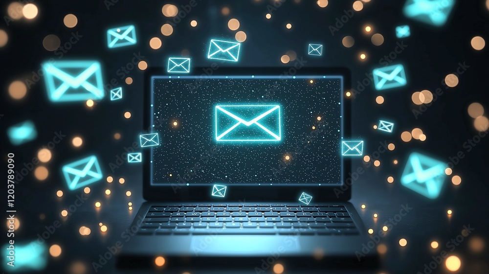 Poster a laptop computer screen glowing with a digital envelope icon, surrounded by an abundance of shimmer