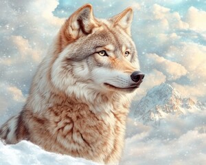 Obraz premium A vintage-styled wild wolf portrait, evoking nostalgia with muted colors and soft focus, showcasing a majestic creature against a dreamy, snowy mountain backdrop This artistic rendition captures the