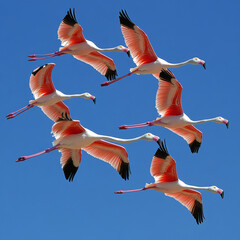 Fototapeta premium Six flamingos in flight, vibrant plumage against a clear blue sky.
