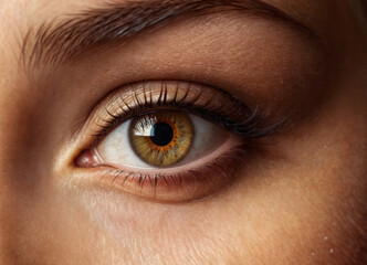 Obraz premium A series of captivating close-up shots of human eyes, showcasing hazel and brown irises with intricate textures, natural eyelashes, and stunning detail in light reflection.
