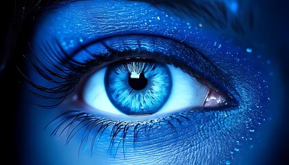Obraz premium A striking blue eye with glittery makeup stares intensely into the frame.