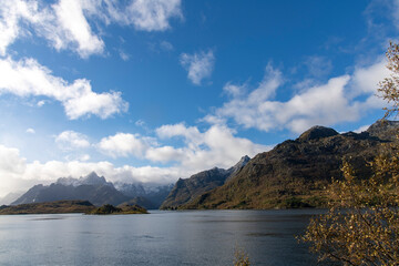 Fall colors foliage and view over Raftsundet waters near Hadsel, Norway and entrance toTrollfjord...