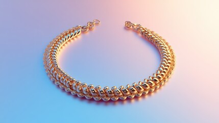 Obraz premium A gold necklace with intricate patterns arranged on a gradient sky blue and white background.
