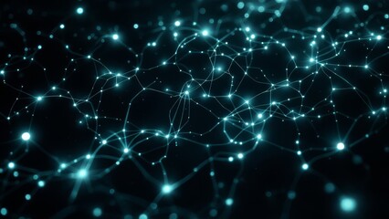 Fototapeta premium Abstract network of glowing connections with teal lights on a dark background, representing data flow