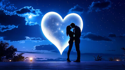Obraz premium Heart Moon Romance, Silhouettes on the Deck