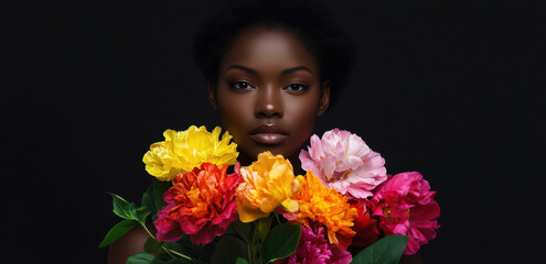 Naklejka premium A model with a striking complexion poses with a colorful bouquet of peonies and roses, showcasing rich textures and hues in a creative floral composition.