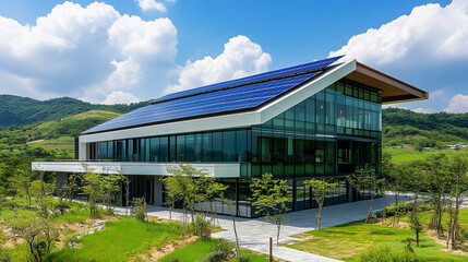 Fototapeta premium office building with solar panels on the roof, nestled in a green park,