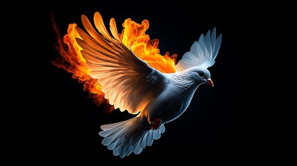 Fiery Dove in Flight, Spiritual Symbol, Dark Background, Religious Art