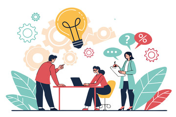 Business team, brainstorming, lightbulb made of speech bubbles, creative ideas, collaboration, diverse professionals, flat illustration style, vibrant colors, minimalist background, conceptual design