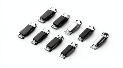 Fototapeta premium A set of binder clips in various sizes, photorealistic, black and silver, isolated on white background