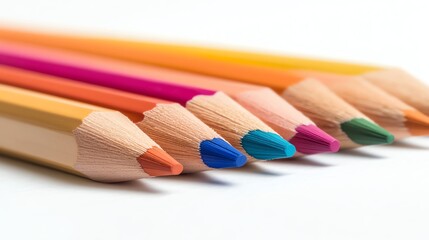 A set of colored pencils neatly arranged, photorealistic, vibrant colors, isolated on white background