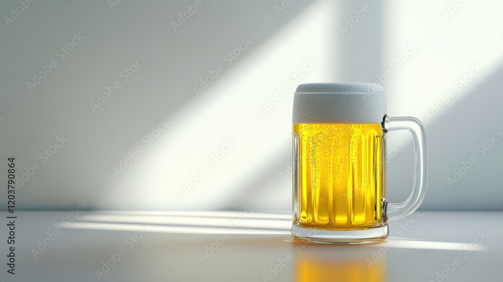 Poster a frothy glass of beer sits on a table, illuminated by soft sunlight in a minimalist setting