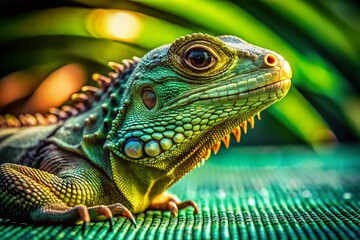 Naklejka premium Macro Closeup of Water Lizard Dragon on Yoga Mat in Low Light