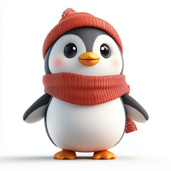 3d penguin in red scarf 