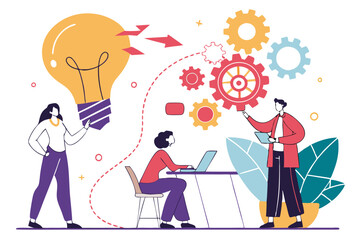 Business team, brainstorming, lightbulb made of speech bubbles, creative ideas, collaboration, diverse professionals, flat illustration style, vibrant colors, minimalist background, conceptual design