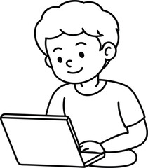 Coloring book a boy use a Laptop line art illustration