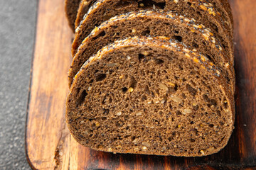 Cereal bread pieces whole grain bread product pieces fresh tasty food dish delicious gourmet food background on the table rustic food top view copy space