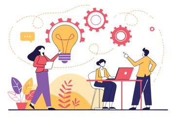 Business team, brainstorming, lightbulb made of speech bubbles, creative ideas, collaboration, diverse professionals, flat illustration style, vibrant colors, minimalist background, conceptual design