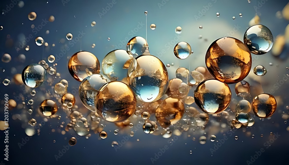 Poster translucent spheres in varied sizes and golden hues float against a blue gradient.