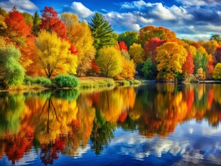 Macro Oil Painting Landscape: River, Lake, Trees - Vivid Autumn Colors