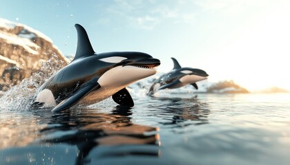 Fototapeta premium Witness the breathtaking spectacle of a pod of orcas coordinating a hunt in icy Arctic waters, their complex vocalizations resonating through the ocean depths as they expertly pursue their prey This