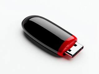 A USB flash drive with a retractable connector, ultrarealistic, black and red, isolated on white background