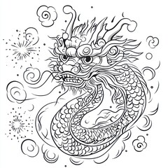 Intricate Dragon Design, Asian Inspired, Coloring Book, Background Fireworks, Educational Print