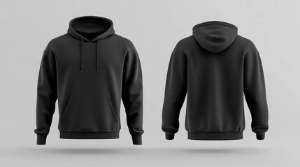 front view and rear view Minimalist black hoodie design with front and back views on gray background. hoodie jacket mockup