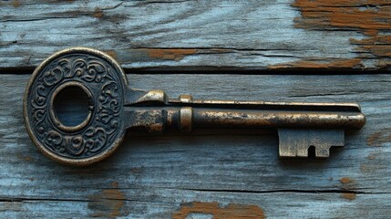 A solitary key with detailed carvings resting on a worn wooden surface.