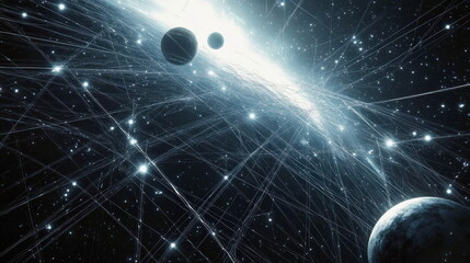 A mystical depiction of planets connected by glowing light streams in a cosmic void