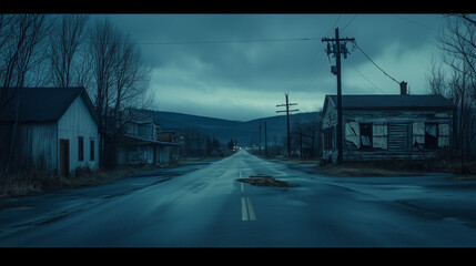 A desolate, abandoned town at twilight, with empty streets and wind rustling through cracked windows, creating a haunting, eerie calm.

